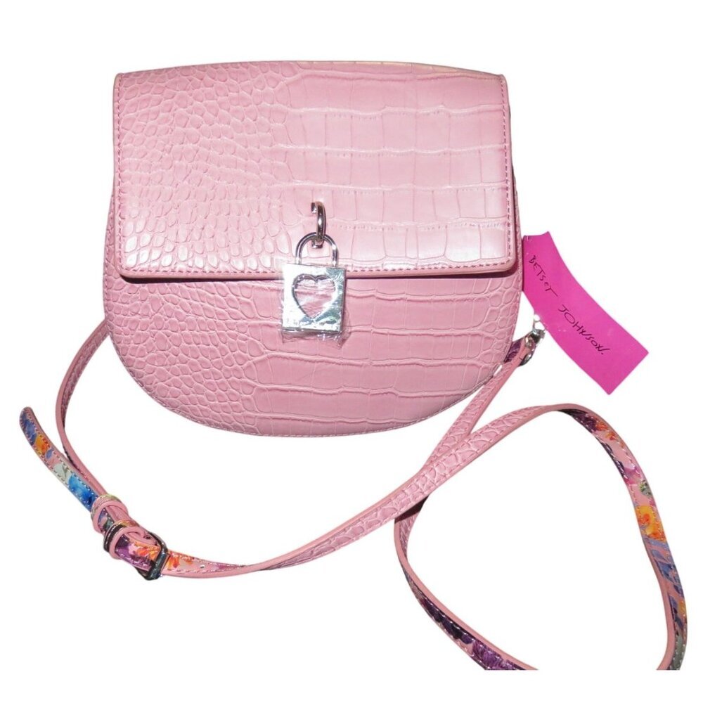 Betsey Johnson XO MIMI Pink Croc Embossed Vegan Leather Saddle Bag Crossbody NWT
